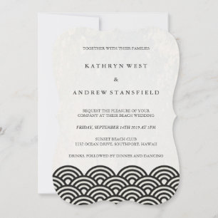 Simple Modern Waves Black + White Beach Wedding Invitation