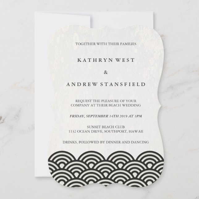 Simple Modern Waves Black + White Beach Wedding Invitation (Front)