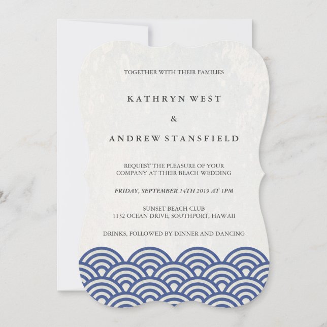 Simple Modern Waves Blue + White Beach Wedding Invitation (Front)