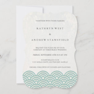 Simple Modern Waves Green + White Beach Wedding Invitation