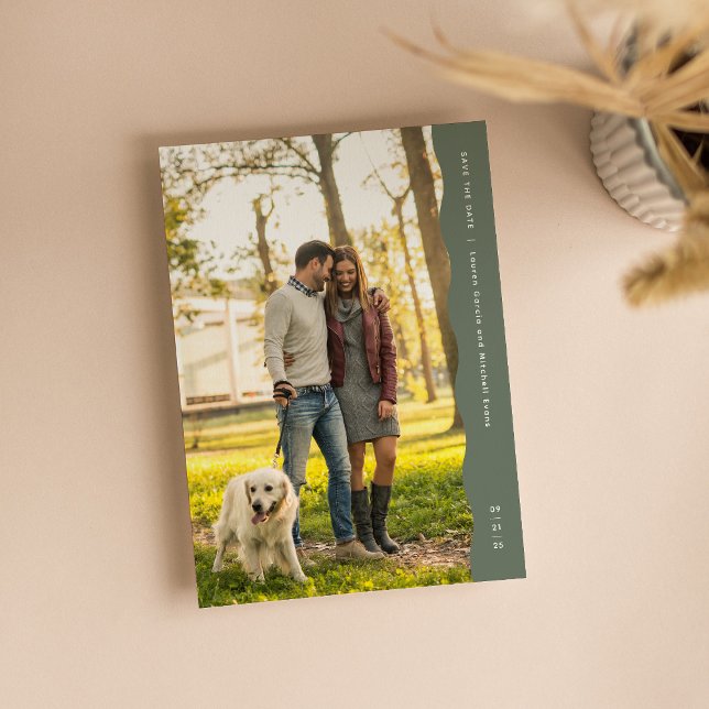 Simple modern wavy edge sage green photo save the date (Creator Uploaded)