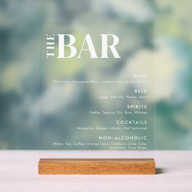 Simple Modern Wedding Bar Menu Acrylic Sign (Neutral)
