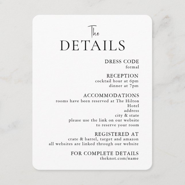 Simple Modern Wedding Details Enclosure card (Front)