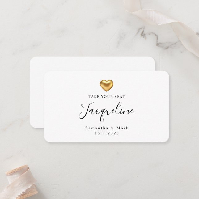 Simple Modern Wedding Gold Heart Flat Place Card (Front/Back In Situ)