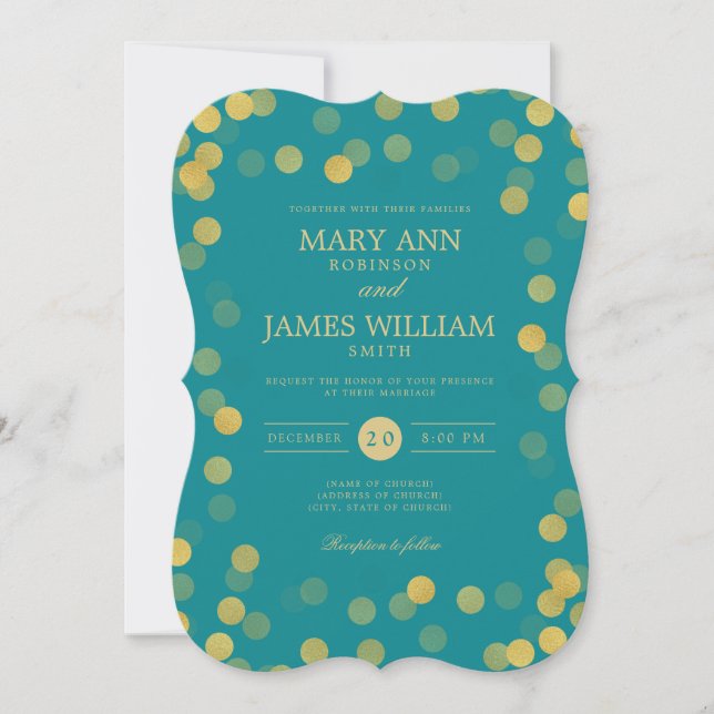 Simple Modern Wedding Gold Teal Confetti Invitation (Front)