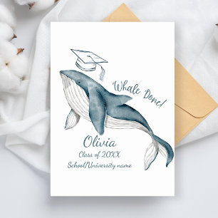 Simple Modern Whale Done White Blue Grad Party Invitation