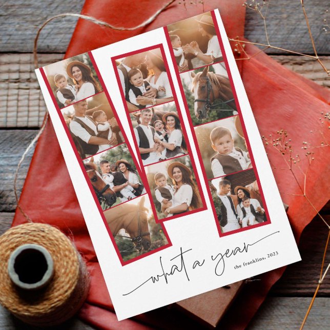 Simple Modern What a Year Photo Collage Christmas Holiday Card (A modern script what a year photo collage christmas holiday card.)