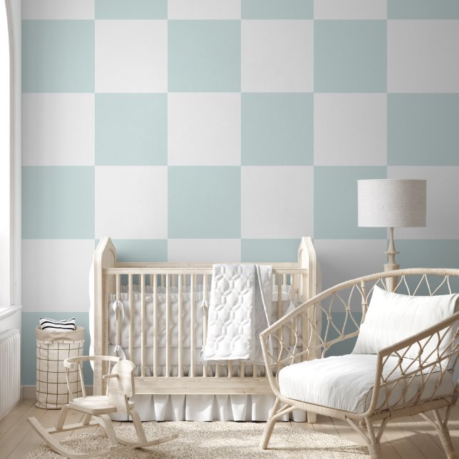 Simple Modern White and Aqua Chequerboard Pattern Wallpaper (Kids)