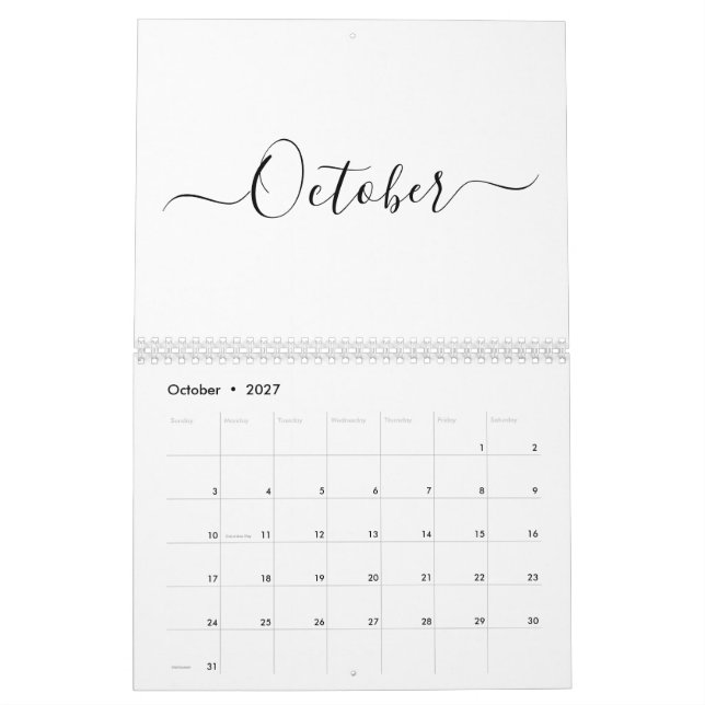 Simple modern white and black script month custom calendar (Oct 2027)