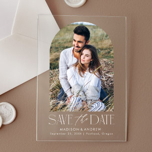 Simple Modern White Arch Photo Save The Date Acrylic Invitations