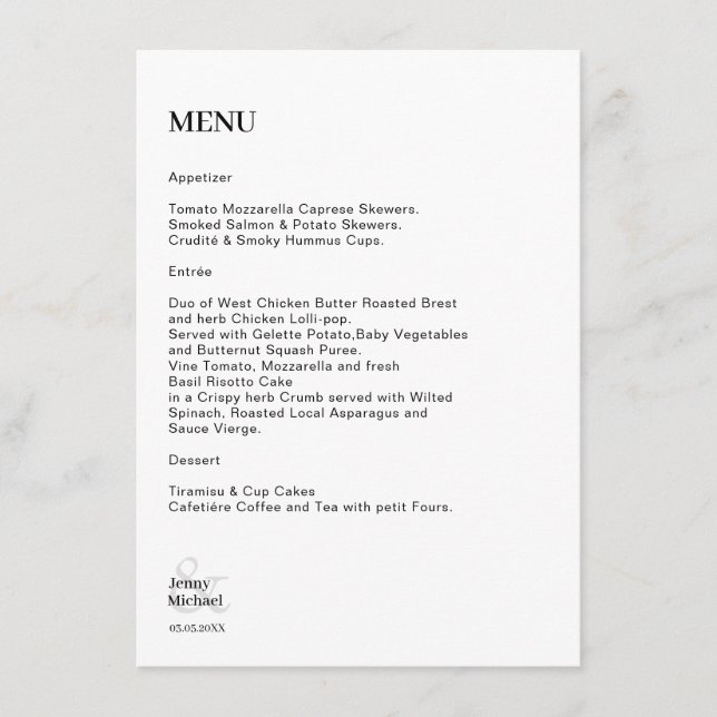 Simple modern white black wedding menu (Front)