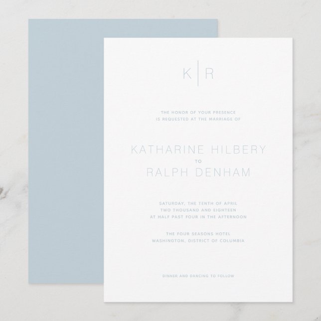 Simple Modern White Dusty Blue Wedding Invitation (Front/Back)