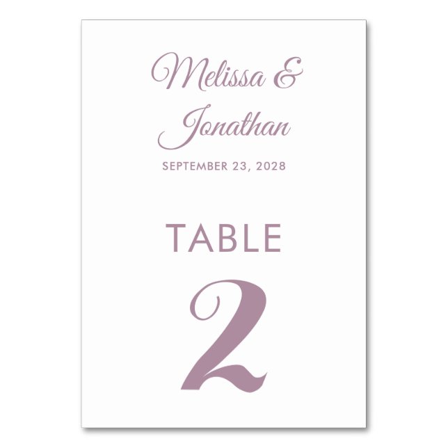 Simple modern white dusty purple elegant wedding table number (Front)