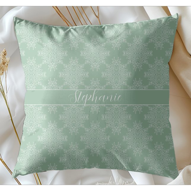 Simple Modern White Floral Damask Light Sage Cushion (Creator Uploaded)