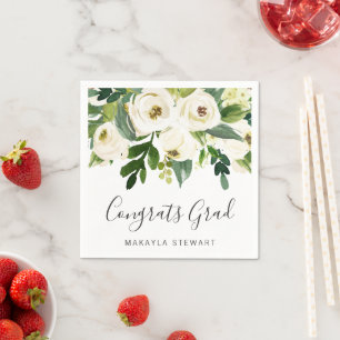 Simple Modern White Floral Elegant Graduation Napkin