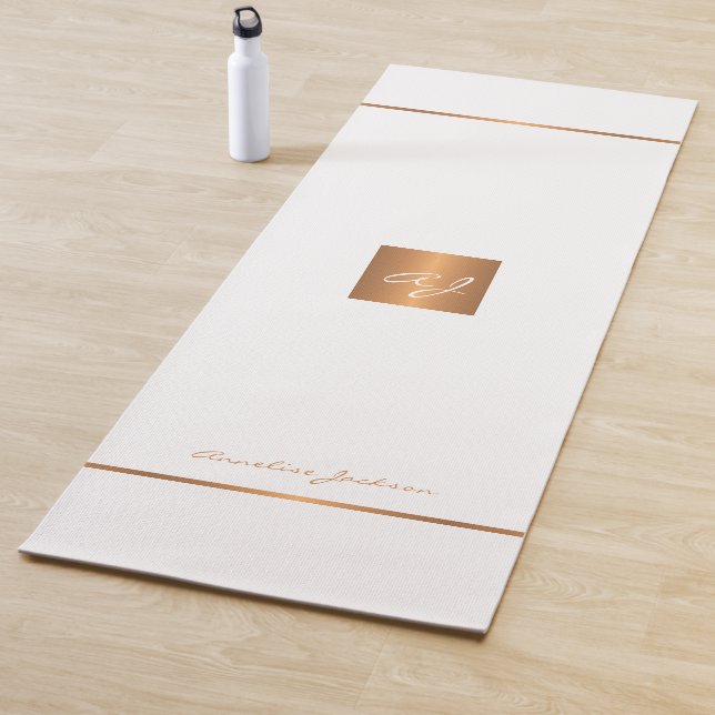 Simple modern white gold chic monogrammed stripes yoga mat (In Situ)