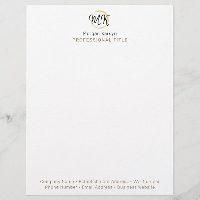 Simple Modern White Gold Elegant Template Monogram Custom Letterhead (Front)
