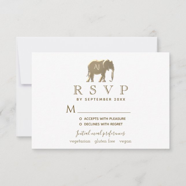 Simple Modern White & Gold Foil Elephant Wedding RSVP Card (Front)
