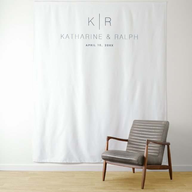 Simple Modern White Monogram Wedding Backdrop Tapestry (In Situ)