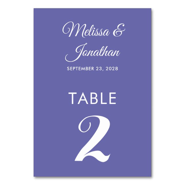 Simple modern white periwinkle elegant wedding  table number (Front)