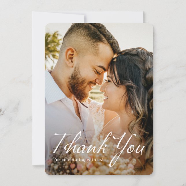 Simple Modern White Script Full Photo Wedding Thank You Card (Front)