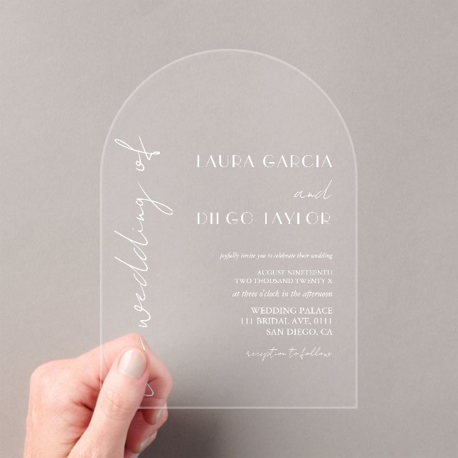 Simple Modern White Wedding Acrylic Invitations (Insitu (Handheld))