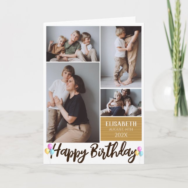 Simple Modern Wood Birthday Stylish Photo Collage Card (Front)