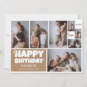 Simple Modern Wood Birthday Stylish Photo Collage Card