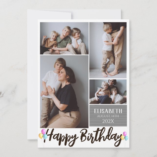Simple Modern Wood Birthday Stylish Photo Collage Card (Front)