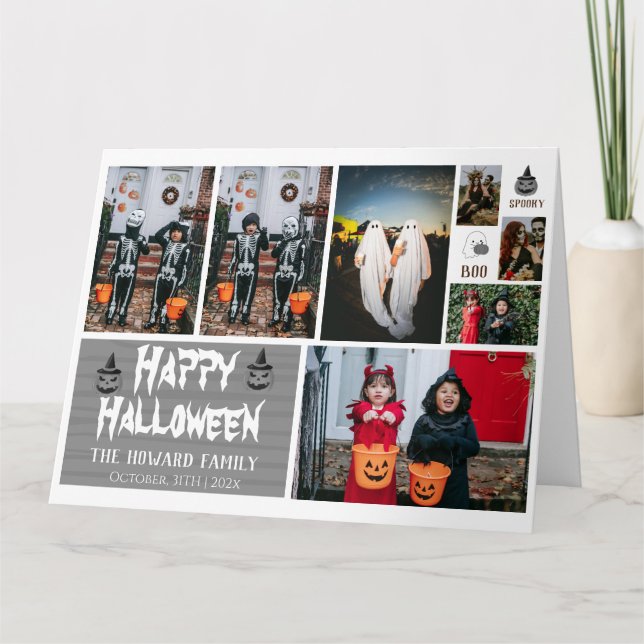 Simple Modern Wood Spooky Halloween Photo Collage Card (Front)