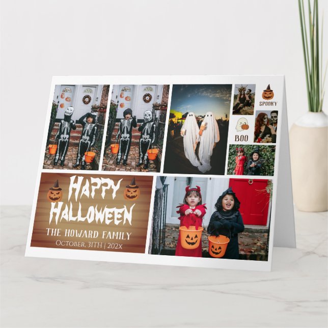 Simple Modern Wood Spooky Halloween Photo Collage Card (Front)
