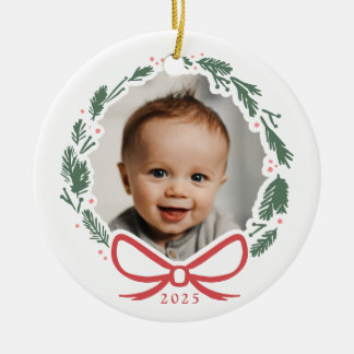 Simple Modern Wreath Photo Ceramic Circle Ornament