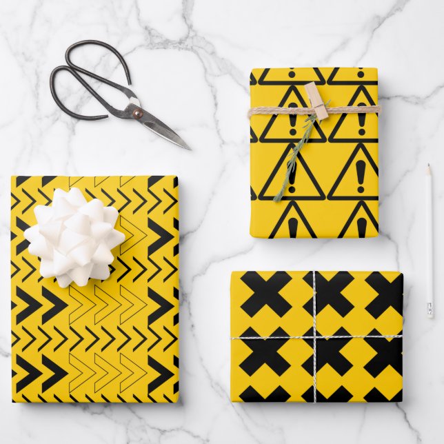 Simple Modern Yellow and Black Caution Signs Wrapping Paper Sheet (Front)