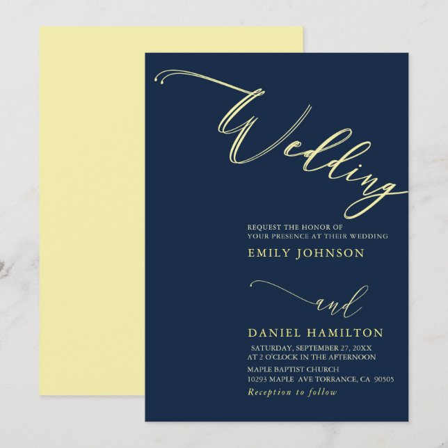 Simple Modern Yellow  Navy Calligraphy Wedding Invitation (Front/Back)