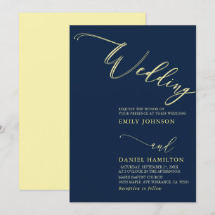 Simple Modern Yellow Navy Calligraphy Wedding Invitation