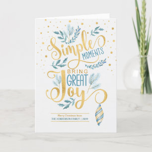Simple Moments Bring Great Joy Blue and Gold Name Holiday Card