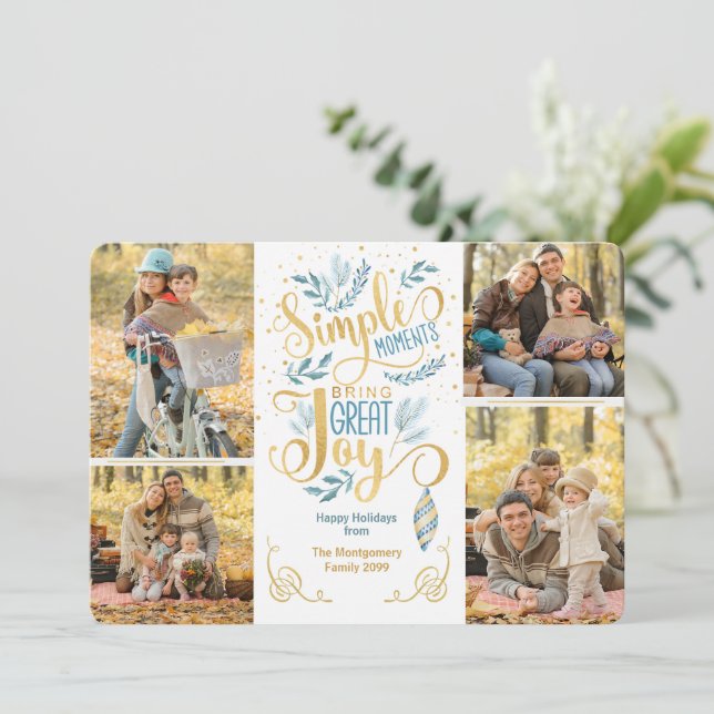 Simple Moments Bring Great Joy Blue Gold Photo Holiday Card (Standing Front)