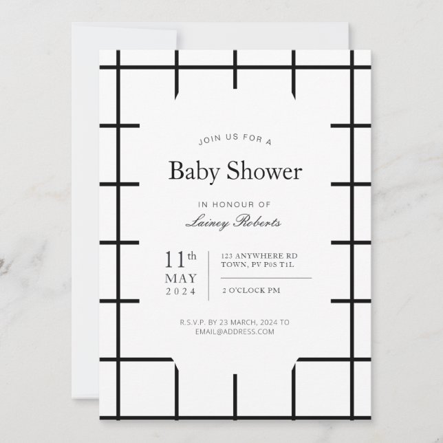 Simple Monochrome Black White Window Pane Plaid Invitation (Front)