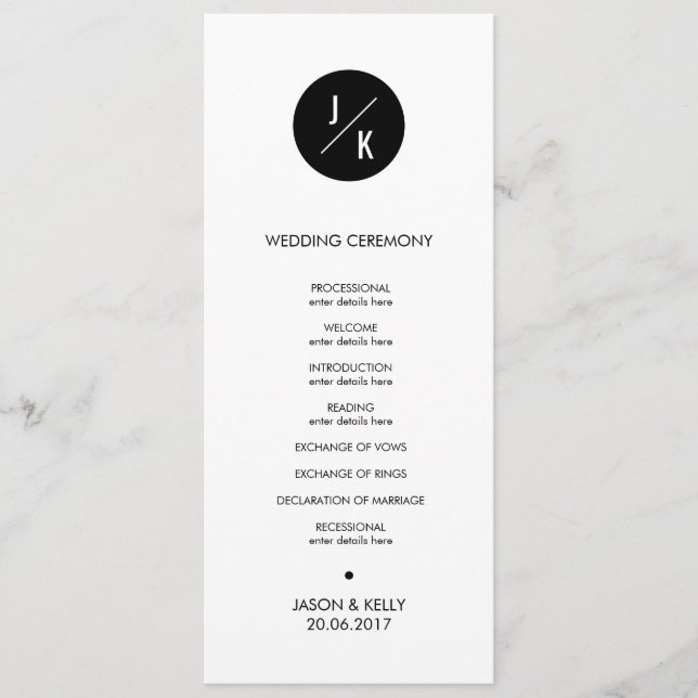 Simple monochrome circle wedding ceremony program programme (Front)