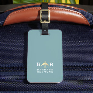 Simple Monogram Airplane Travel Blue Luggage Tag