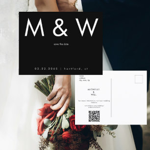 Simple Monogram B/W QR Code Save Date Announcement Postcard