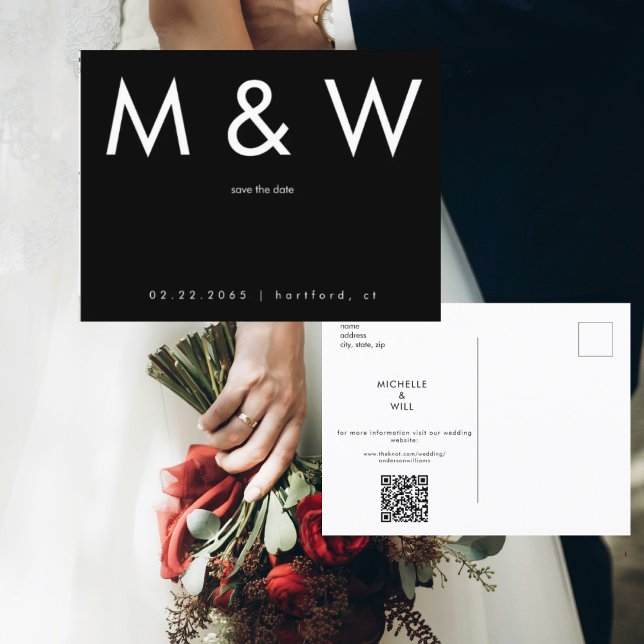 Simple Monogram B/W QR Code Save Date Announcement Postcard (Creator Uploaded)