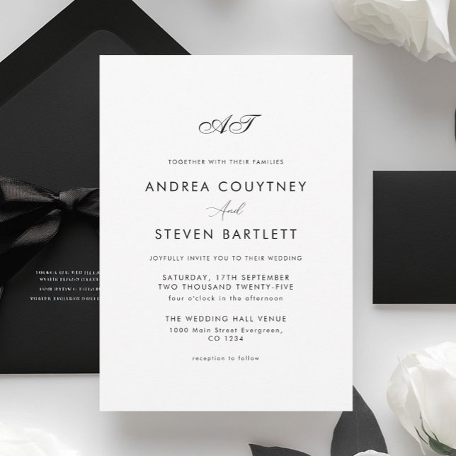 Simple Monogram Black and White Wedding Invitation (Creator Uploaded)