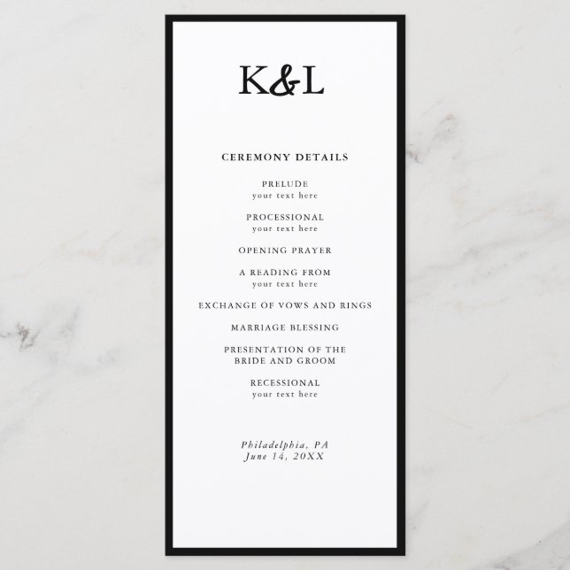 Simple Monogram Black and White Wedding Program Programme (Front)