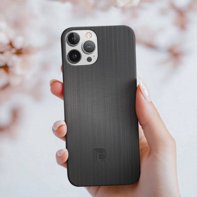 Simple Monogram Black Brushed Aluminium Texture Case-Mate iPhone Case (Creator Uploaded)