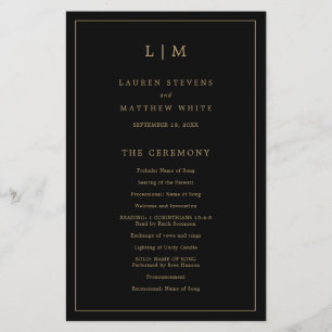 Simple Monogram Black Gold Budget Wedding Program Flyer