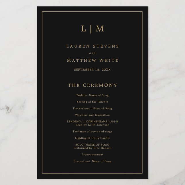 Simple Monogram Black Gold Budget Wedding Program Flyer (Front)