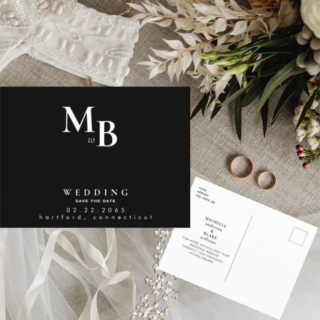 Simple Monogram Black Wedding Save the Date Announcement Postcard (Creator Uploaded)