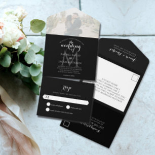 Simple Monogram Black & White Photo Wedding All In One Invitation