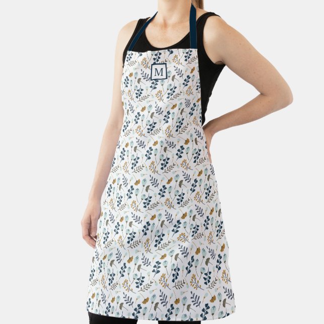 Simple Monogram Blue Fall Floral Apron (Insitu)
